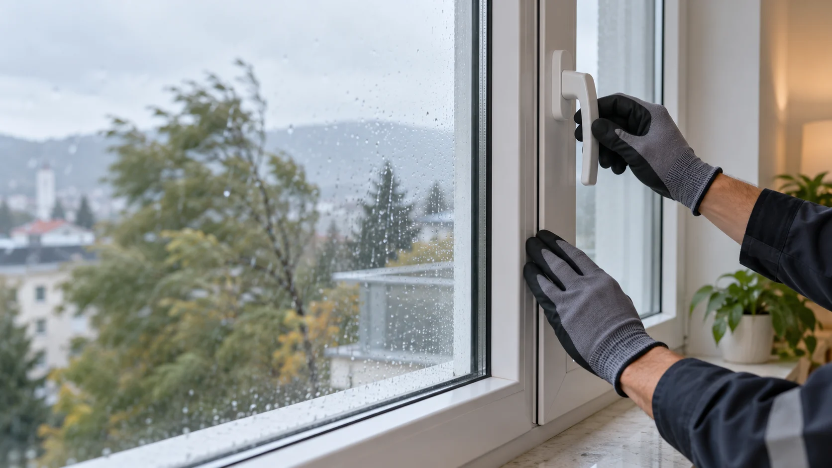 Geschlossenes weißes Fenster bei Regen; ein Techniker prüft vorsichtig Griff und Rahmen