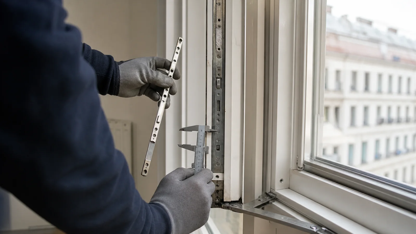Fenstertechniker vergleicht Verriegelungsstange und Schließpunkte an einem geöffneten Dreh-Kipp-Fenster