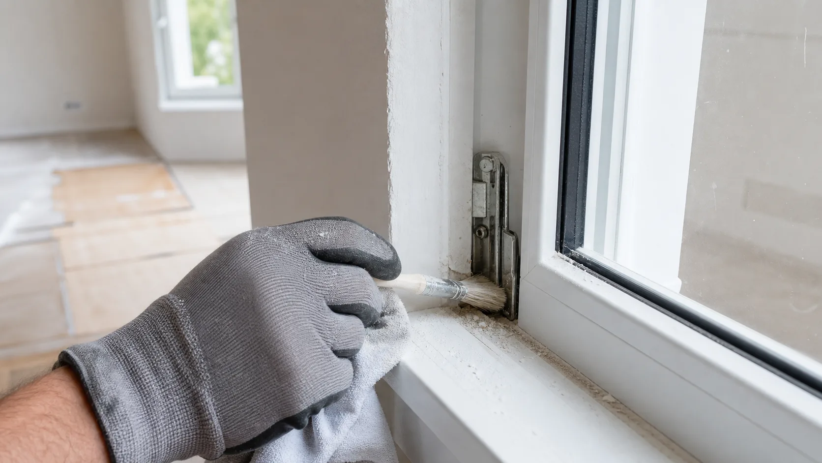 Servicetechniker reinigt Putzstaub und Farbreste vorsichtig am Beschlag eines weißen Kunststofffensters nach Renovierungsarbeiten