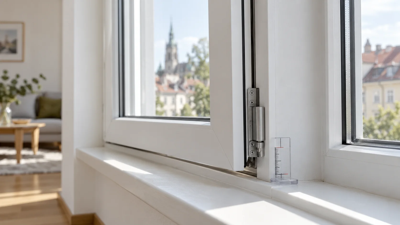 Detail eines geöffneten weißen Fensters mit sichtbarem unterem Band und einer Messlehre auf der Fensterbank