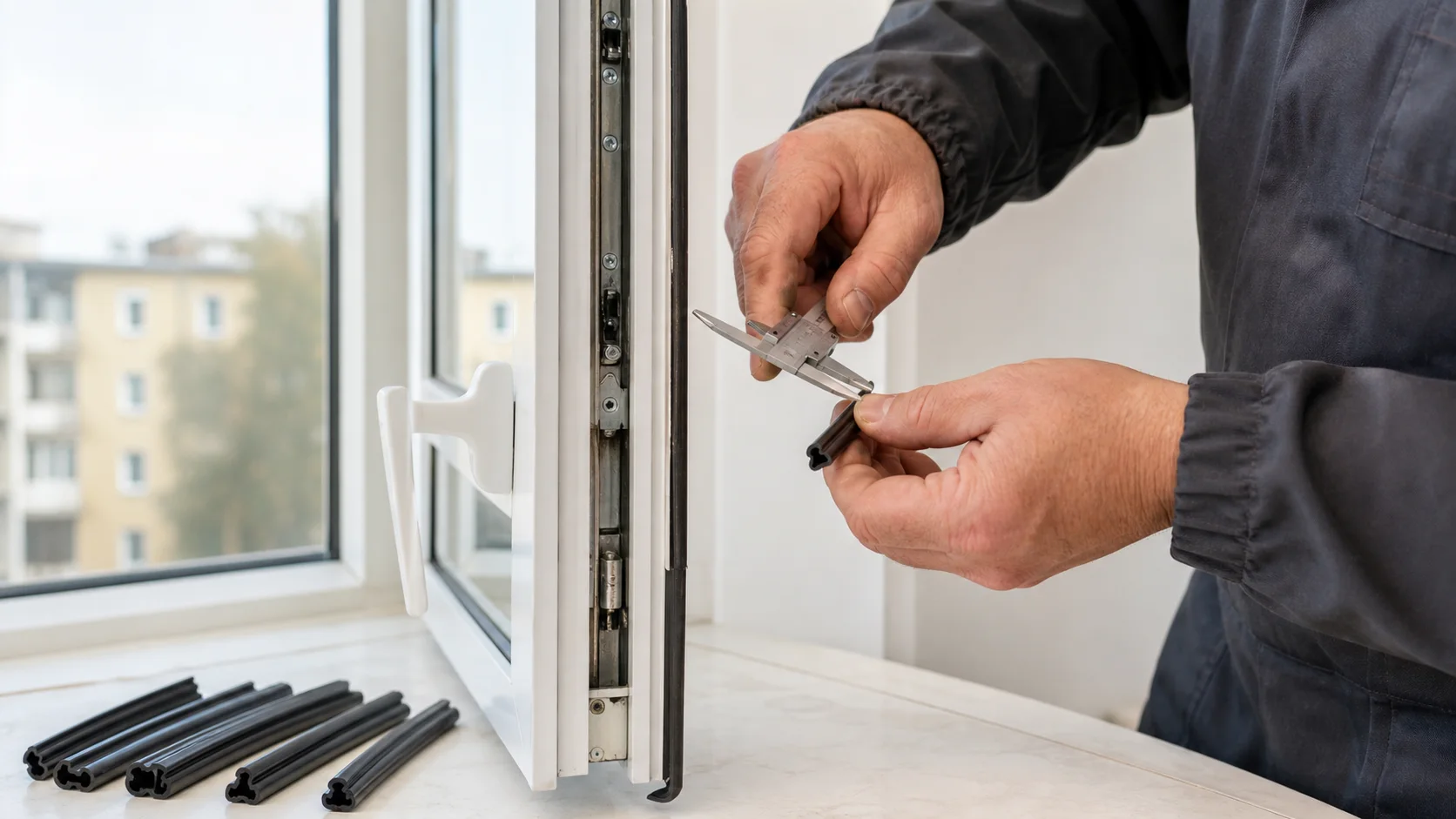 Techniker misst ein schwarzes Fensterdichtungsprofil an einem weissen Kunststofffenster