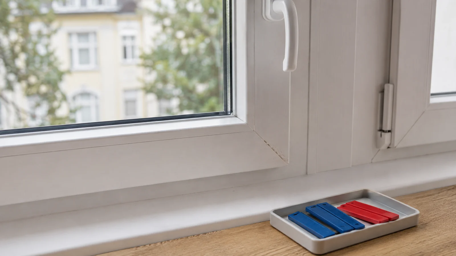 Unterer Bereich eines weißen Fensters mit separat bereitgelegten Verglasungsklötzen auf einer Ablage