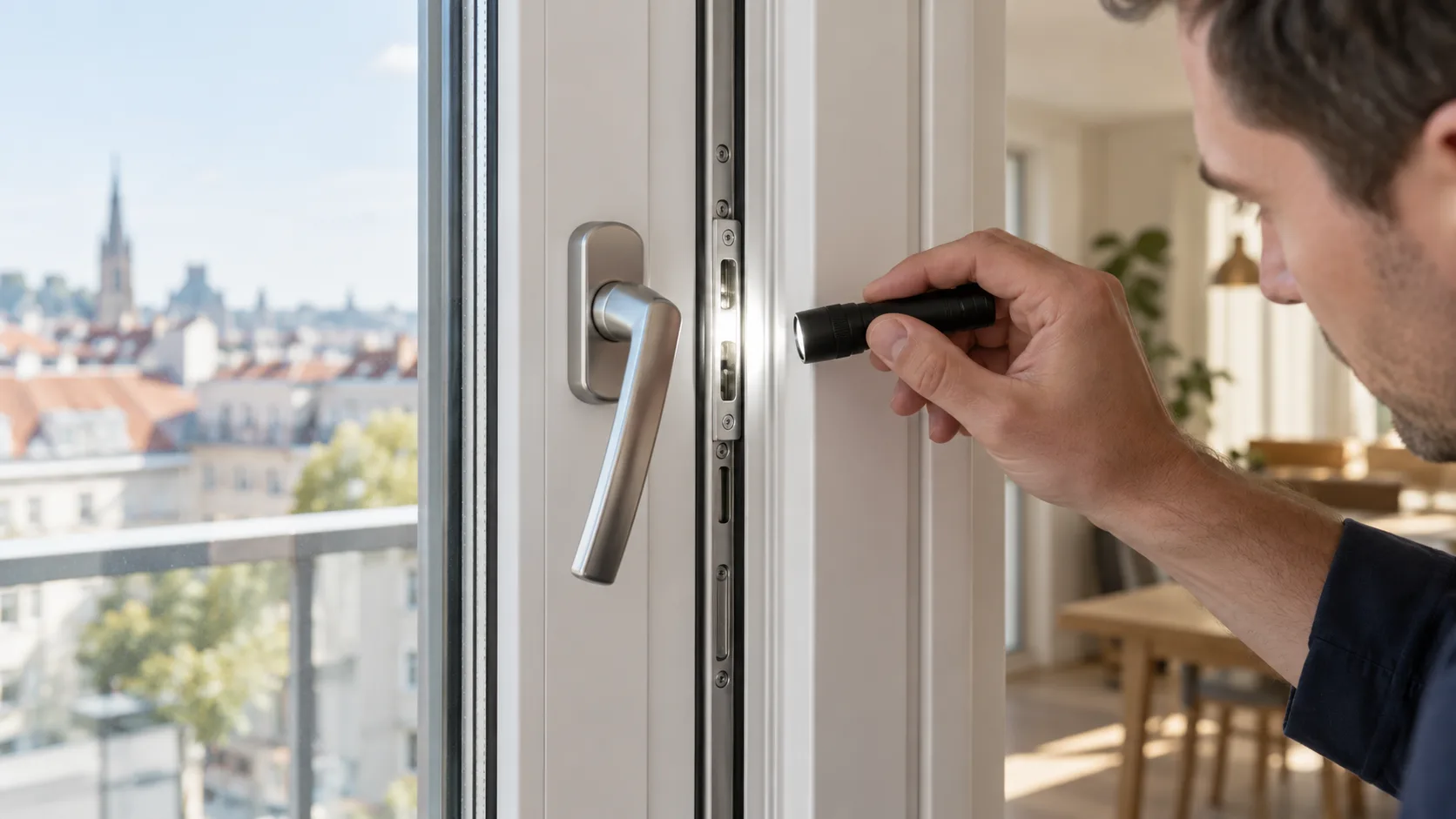 Techniker prüft mit einer kleinen Leuchte die Schließteile eines weißen Dreh-Kipp-Fensters mit schräg stehenden Griff