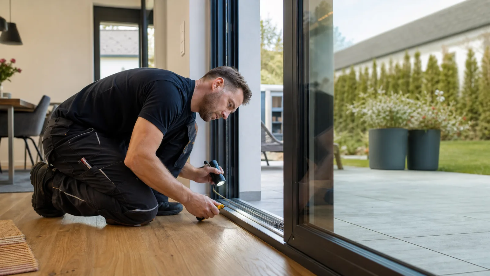 Fenstertechniker prüft die bodennahe Laufschiene einer großen Hebe-Schiebetür mit Taschenlampe und Messwerkzeug