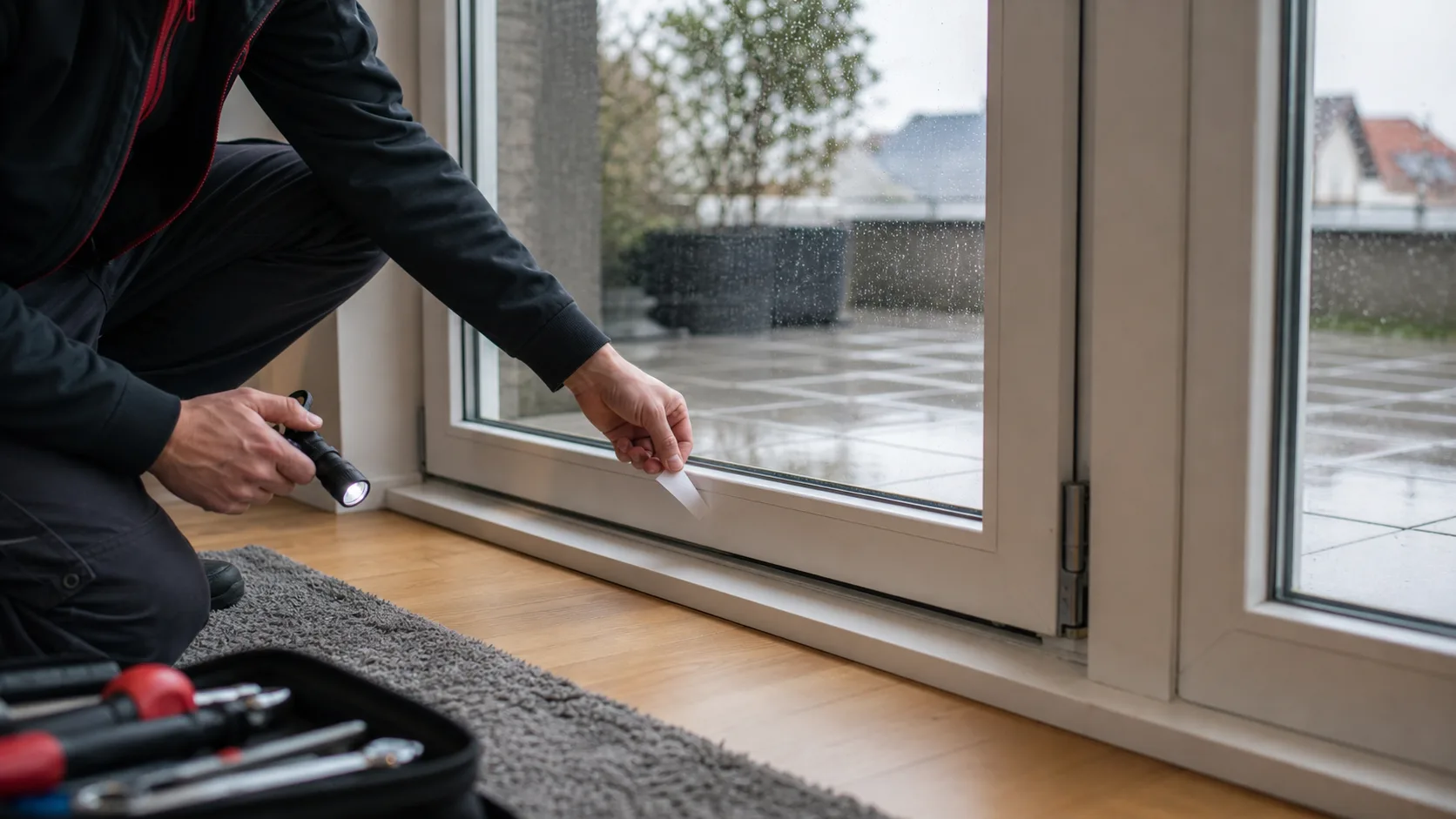 Fenstertechniker prüft mit Licht und Papierstreifen die untere Schwelle einer Terrassentür